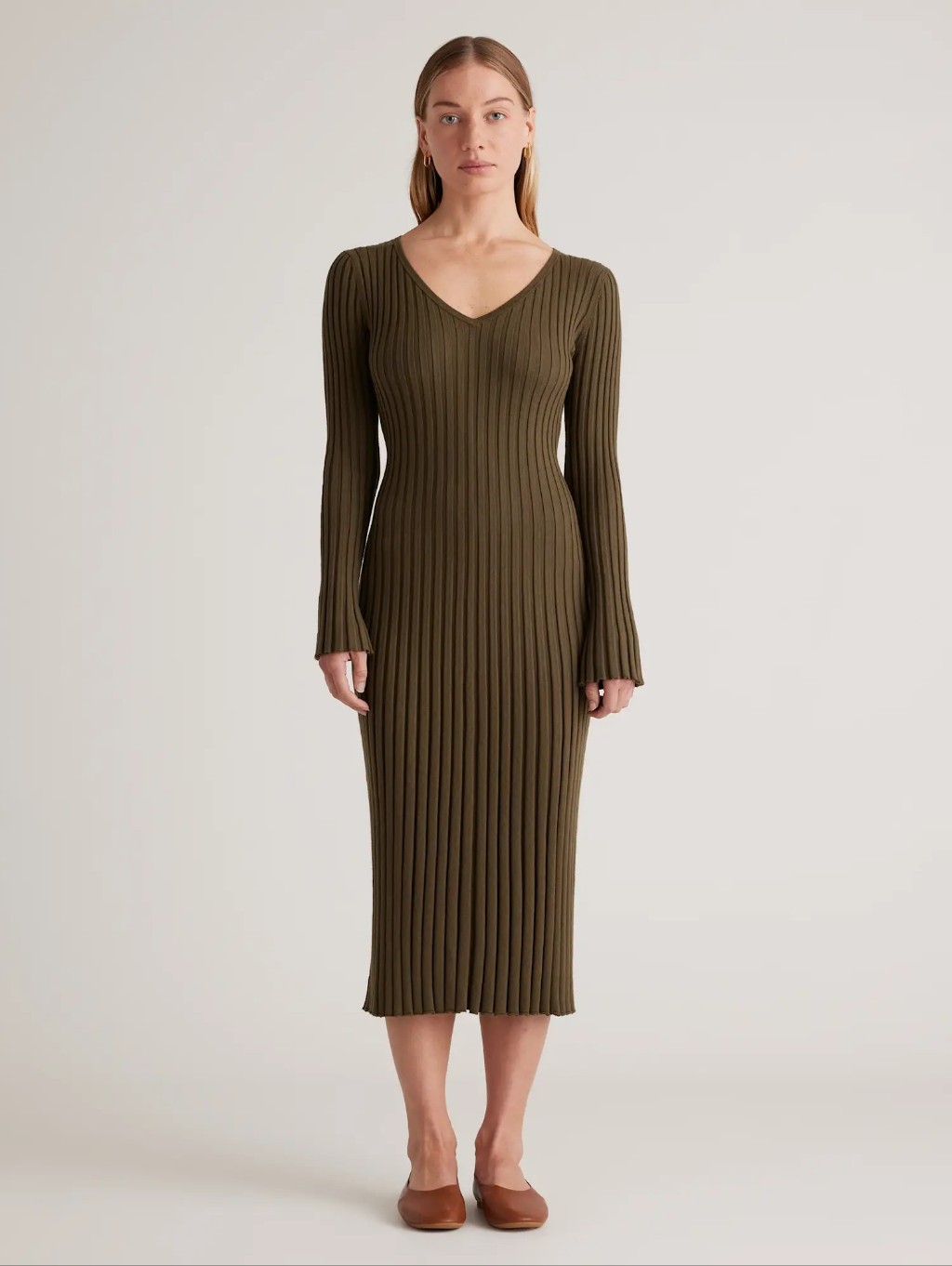 Nwt Quince Cotton Cashmere Ribbed Long Sleeve V-Neck Olive Midi Dress Medium